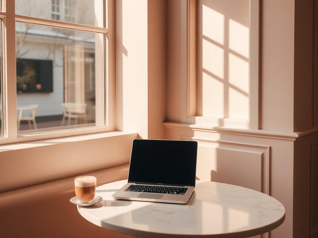 Sunlit café window seat with a laptop and matcha latte